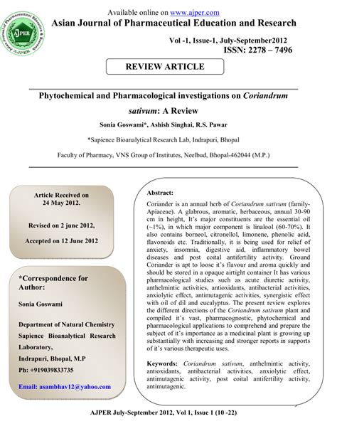 Pdf Phytochemical And Pharmacological Investigations On Coriandrum