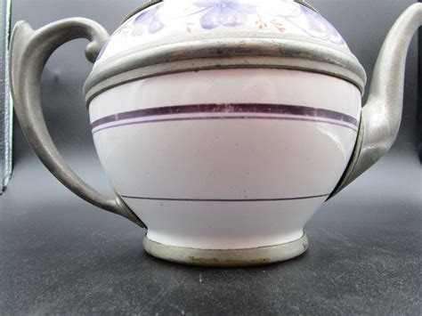 Graniteware Enamel Pewter Teapot Purple Floral Design Manning Bowman