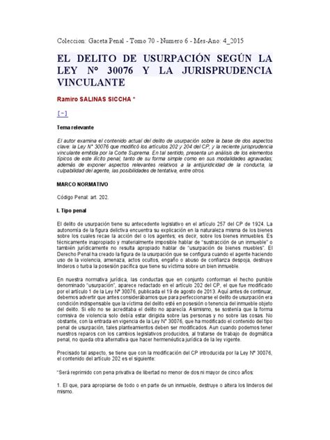 El Delito De Usurpación Según La Ley 30076 Y La Jurisprudencia Vinculante Pdf Posesión Ley