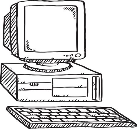 Black And White Doodle Of Retro Computer Display Vintage Gesture Vector