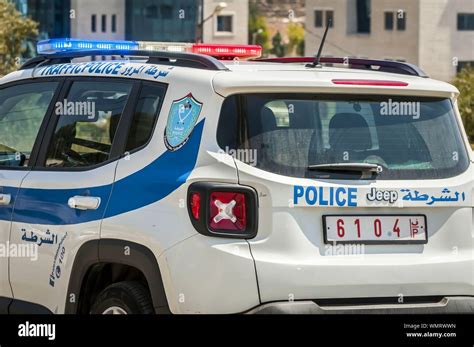 RAMALLAH, PALESTINE. August 31, 2019. Palestinian traffic police car in ...