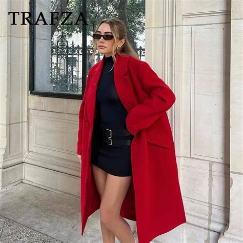 Trafza Autumn Winter Women Casual Long Coats Fashion Streetwear