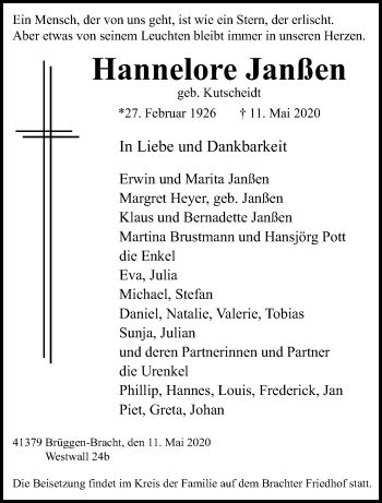 Traueranzeigen von Hannelore Janßen Trauer und Gedenken