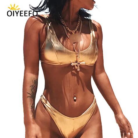 Oiyeefo Gold Metallic Shiny Bikini Swimsuit Brazilian Thong Bottom Crop