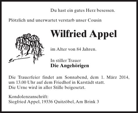 Traueranzeigen Von Wilfried Appel Trauer Nordkurier