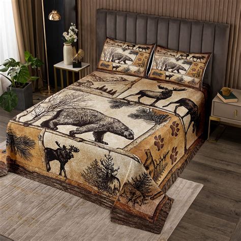 Lodge Cabin Quilt Set Woodland Animals Farmhouse Bedspread Set Twin