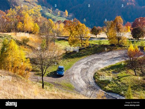 Dirty Secondary Road In Autumn Carpathian Mountain Ukraine Stock Photo