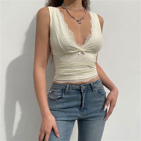 Coquette V Neck Lace Crop Top Cream L In 2023 Clothes Fashion