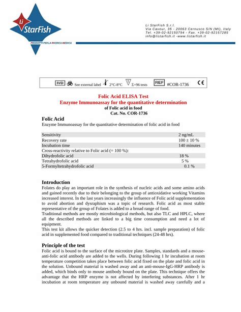 Pdf Folic Acid Elisa Test Enzyme Immunoassay For The