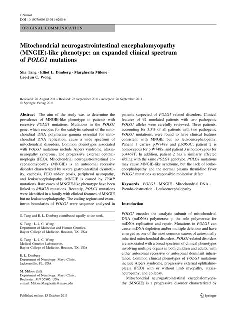 PDF Mitochondrial Neurogastrointestinal Encephalomyopathy MNGIE