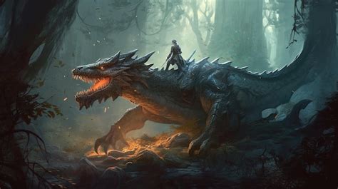 Premium AI Image | Fierce warrior riding a dragon over a magical forest ...