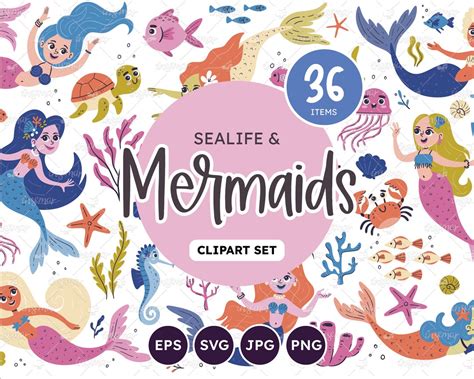 Mermaids And Sealife Clip Art Set Mermaid Drawings Colorful Marine