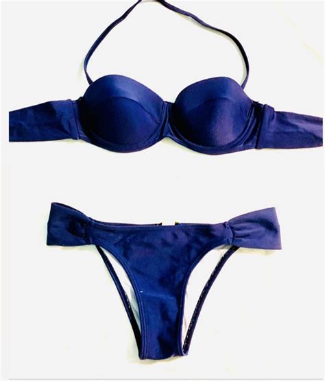 Conjunto de Bikini Azul Escuro Bojo e Alça Removível Moda Praia