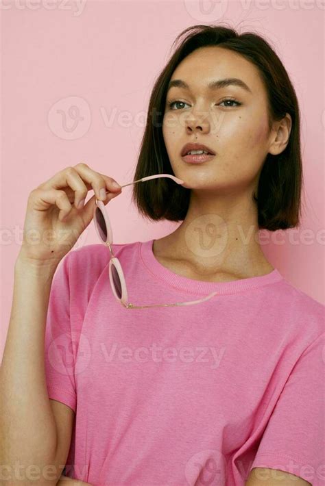 Short Haired Brunette In Stylish Sunglasses Fashion Posing Isolated Background Stock