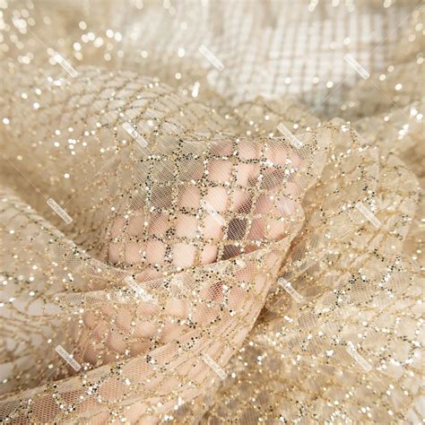 Gold Glitter Powder Sequin Glued Rhombus Mesh Fabric OneYard