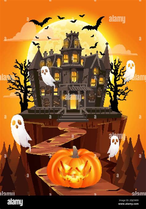 happy halloween background with pumpkin, flying ghosts, haunted house ...