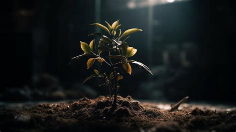 Premium AI Image A Small Plant Is Growing In A Dark Room