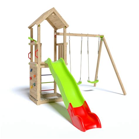 Aire de Jeux en bois avec balançoire double toboggan et plateforme