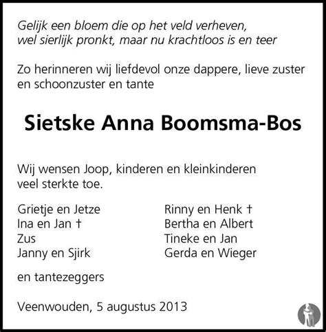 Sytske Anna Boomsma Bos 05 08 2013 Overlijdensbericht En Condoleances