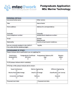 Fillable Online Mtec Ac Postgraduate Application Msc Marine Technology