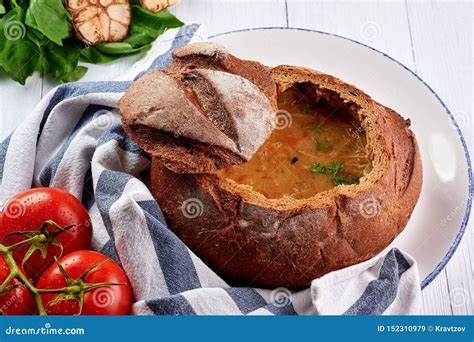 Bread Bowl Soup At White Wooden Table Top Bread Soup Is Traditional