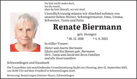 Traueranzeigen Von Renate Biermann Saarbruecker Zeitung Trauer De