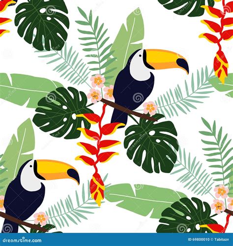 Tropical Jungle Seamless Pattern With Toucan Bird Heliconia And