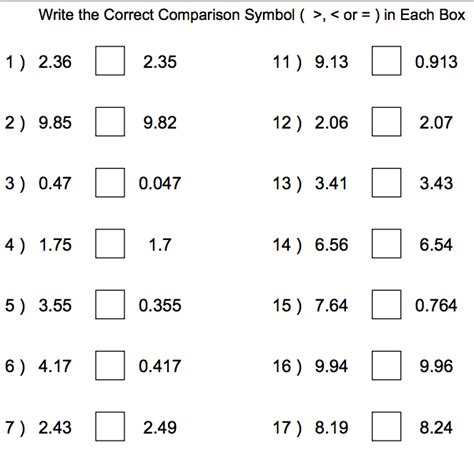 Comparing Decimals Worksheets Grade Printable Word Searches