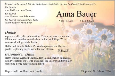 Traueranzeigen Von Anna Bauer Südwest Presse Trauer