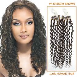 20 Inch 4 Medium Brown Curly Micro Loop Human Hair Extensions 100S