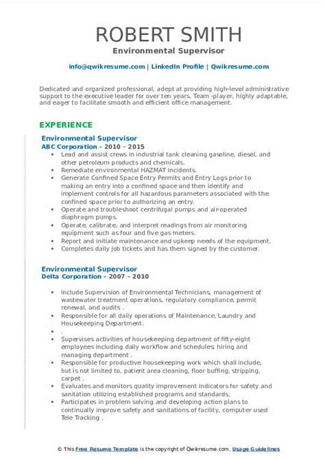 Environmental Supervisor Resume Samples Qwikresume