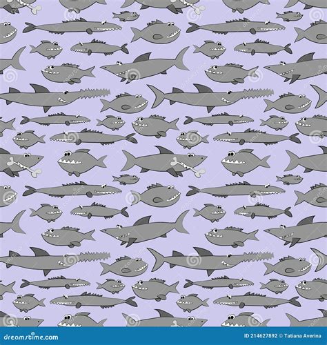 Predatory Fishes - Sharks and Piranhas, Seamless Pattern on Blue ...