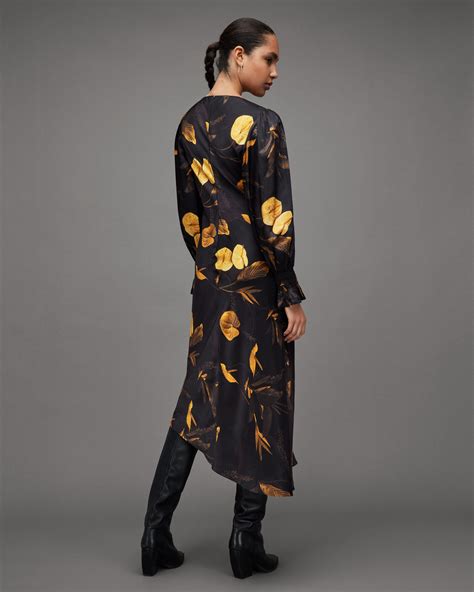 Naomi Silk Blend Aretha Print Midi Dress Black Allsaints