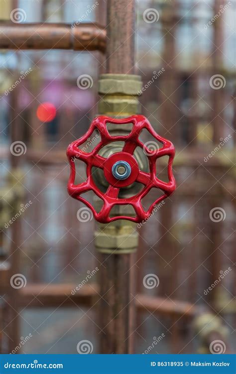 Red Valve On Copper Pipe Construction In Outdoor Stock Image Image Of