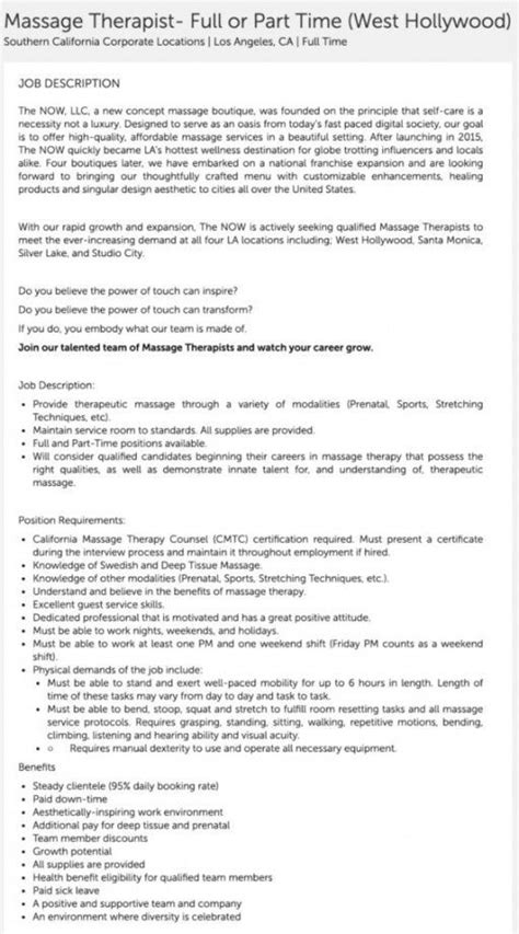 Printable Massage Therapist Job Description Template Doc Sample