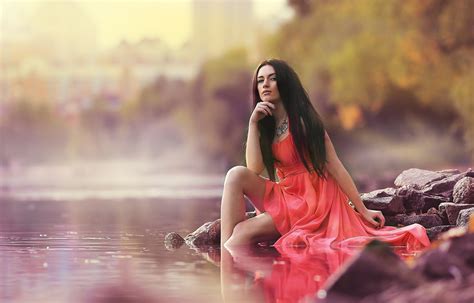 Wallpaper Sunlight Women Outdoors Depth Of Field Long Hair Brunette Love Red Dress