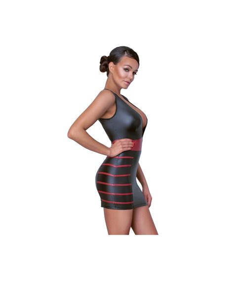 Cottelli Lingerie Black Matte Look Mini Dress With Red Stripes