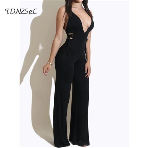 Black Sexy Deep V Spaghetti Strap Jumpsuit Backless Side Lace Up Hollow