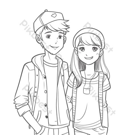 Outline Sketch Girl And Boy Coloring Page Drawing Vector PNG Images | PNG Free Download - Pikbest