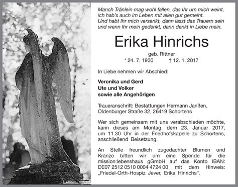 Traueranzeigen Von Erika Hinrichs Nordwest Trauer De