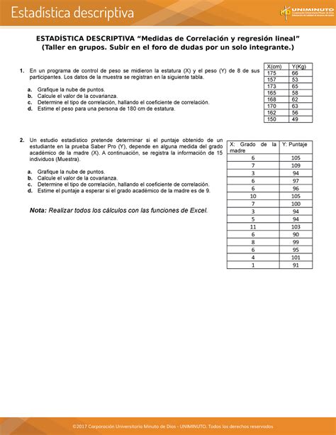 Taller Medidas de Correlación y regresión lineal ESTADÍSTICA