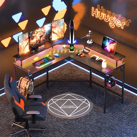 Huuger L Shaped Gaming Desk With Power Outlets And Led Lights Computer