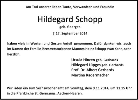 Traueranzeigen Von Hildegard Schopp Aachen Gedenkt