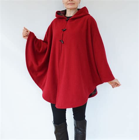 Red Tartan Lined Cape Coat Wool Hooded Cloak Red Wool Poncho Etsy