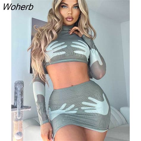 Woherb Puss Handprint Women 2 Piece Set Turtleneck Slim Navel Crop Tophigh Waisit Short Skirts