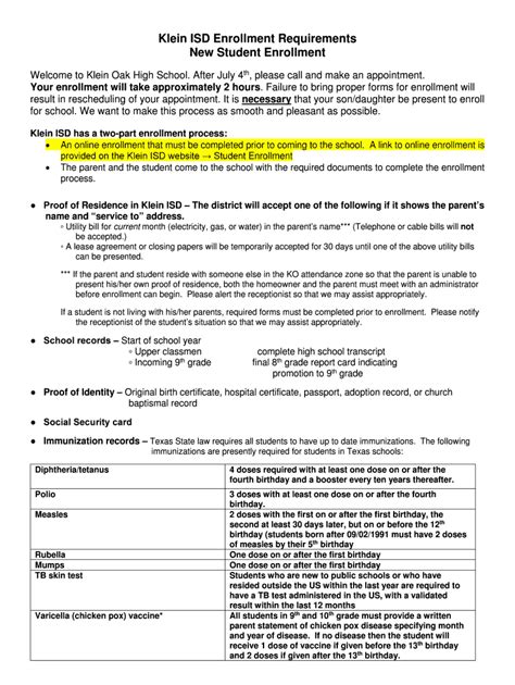 Fillable Online Klein Isd Enrollment Requirements Fax Email Print