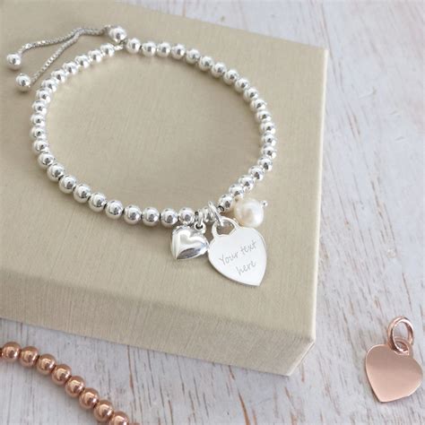 Sterling Silver Ball Slider Bracelet With Engraved Heart Pearl