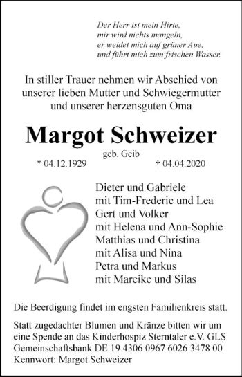 Traueranzeigen Von Margot Schweizer Trauerportal Ihrer Tageszeitung