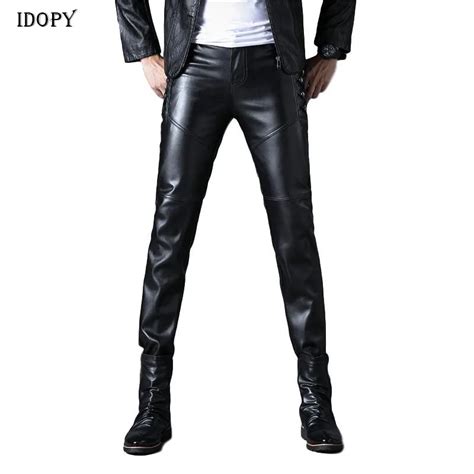 Idopy Mannen Faux Lederen Broek Zwart Motorcycle Biker Zijknoppen Cool