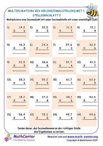 Multiplikation Bis Dezimalstellen Mit Stelligen Blatt